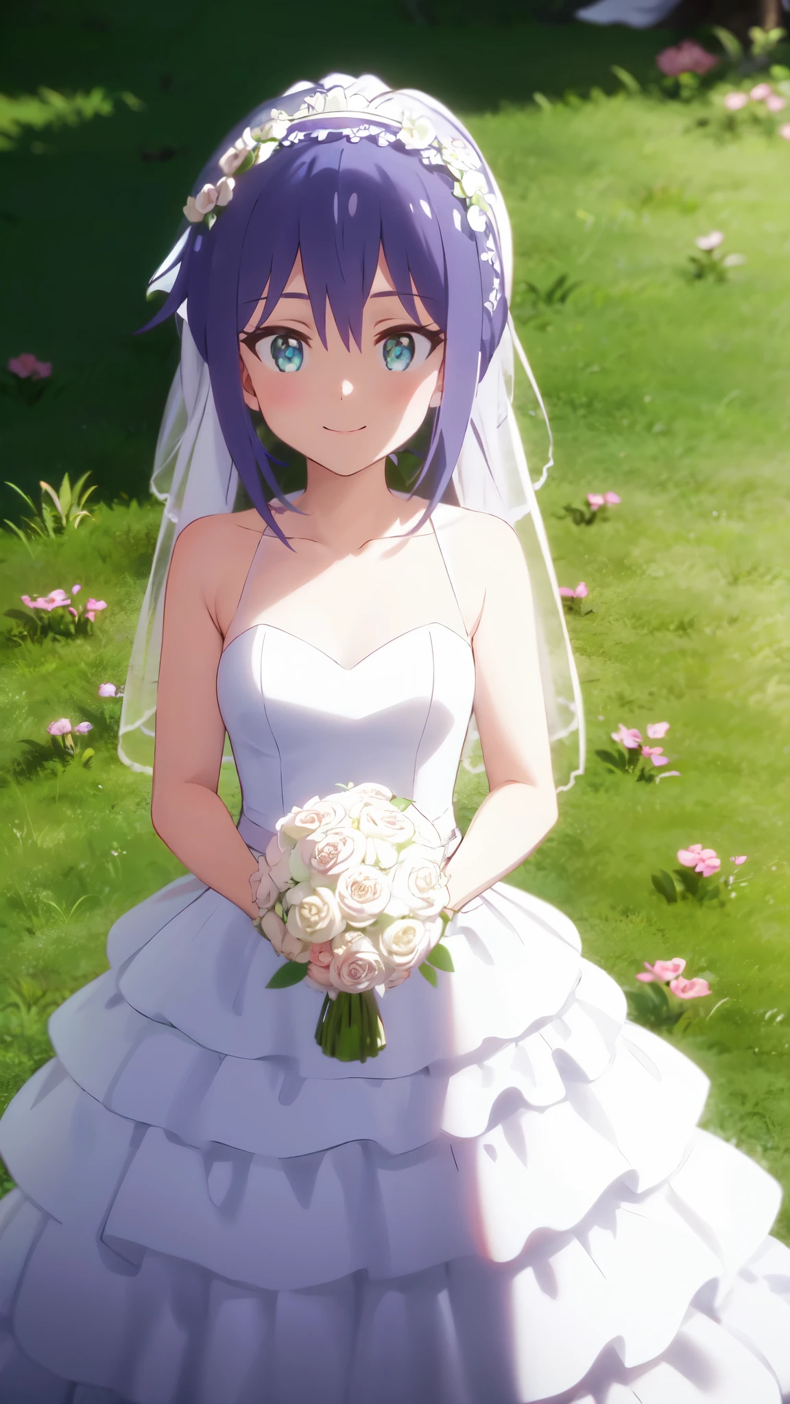 very cute and beautiful girl,(highly detailed beautiful face and eyes),(wedding dress:1.5), standing,tiny colorful flowers on grassland,
(smile),looking at viewer,blue hair,cowboy shot,
(best quality,masterpiece:1.0),absurdres,highres,ultra-detailed,extremely detailed,32K,
cinematic scene,detailed background,solo,dynamic angle,
hair fluttering in the wind,beautiful detailed sky,