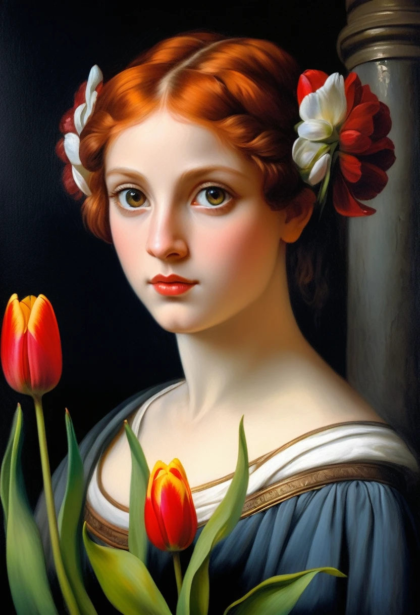 [[(front full portrait: (young Hera Hilmar with Tulips) (solo) with big eyes and a red short hair two pigtails , apple)((Agnolo Bronzino style!!!))])):20]/[background: landscape
 dark Renaissance, old canva, (noir night), ((russian landscape style Alexey Savrasov:1,6))]/[two-color lighting, ((oil painting palette knife))((masterpiece)),((highest detail))]]