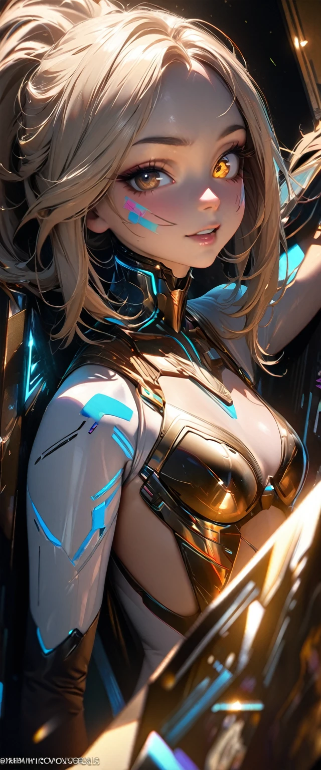 (high quality, 8k, 4K, High Contrast, masterpiece:1.2, 最high quality, Best aesthetics), 1 female, (Realistic skin texture:1.3),Optimal，masterpiece，High resolution，最high quality，Hyper HD，Super Detail，Awards，16K，solo，（（Upper body）），（（Broke Tomical Correct，Beautiful Cyberpunk Girl，Cute Face，，Gradient Beige Hair，Hairline，（（Dark golden eyes）），Long eyelashes，Drooping eye corners，Fair skin，（Small breasts），（slim），（（Women&#39;s Extra Short Shawl Leather Jacket）），（（goth style，racer_Bitch Suit）），（（）），Earrings，（Neck strap），（Laser material clothing：1.2）