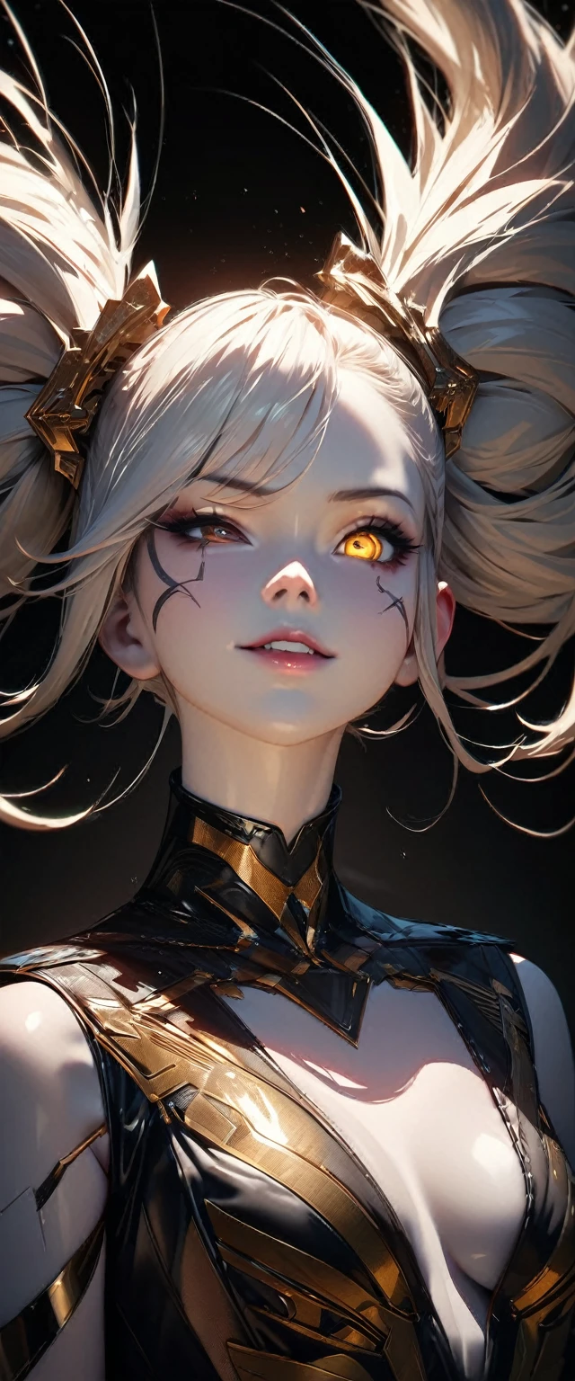 (high quality, 8k, 4K, High Contrast, masterpiece:1.2, 最high quality, Best aesthetics), 1 female, (Realistic skin texture:1.3),Optimal,masterpiece,High resolution,最high quality,Hyper HD,Super Detail,Awards,16K,solo,((Upper body)),((Broke Tomical Correct,Beautiful Cyberpunk Girl,Cute Face,,Gradient Beige Hair,Hairline,((Dark golden eyes)),Long eyelashes,Drooping eye corners,Fair skin,(Small breasts),(slim),((Women's Extra Short Shawl Leather Jacket)),((goth style,racer_Bitch Suit)),(()),Earrings,(Neck strap),(Laser material clothing:1.2)
