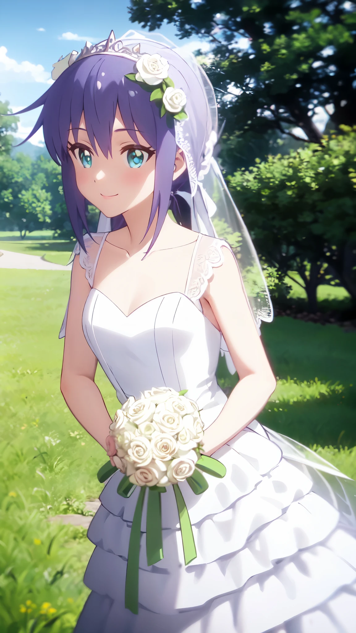 very cute and beautiful girl,(highly detailed beautiful face and eyes),(wedding dress:1.5), standing,tiny colorful flowers on grassland,
(smile),looking at viewer,blue hair,cowboy shot,
(best quality,masterpiece:1.0),absurdres,highres,ultra-detailed,extremely detailed,32K,
cinematic scene,detailed background,solo,dynamic angle,
hair fluttering in the wind,beautiful detailed sky,