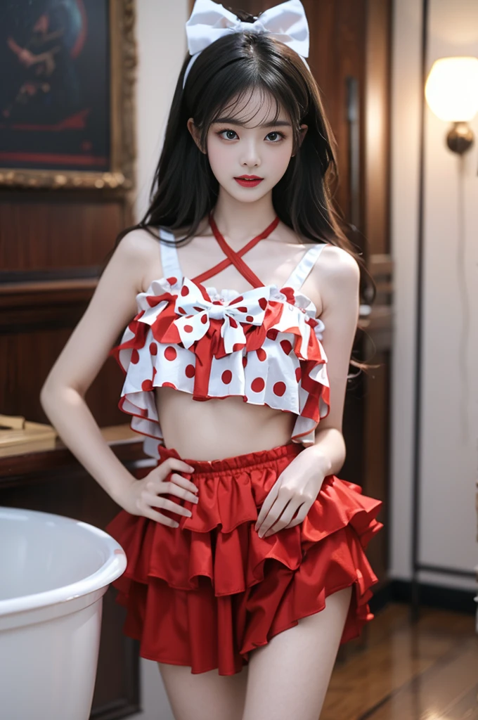 cute swimsuit, polka dot bikini, frills, bow, halterneck ((1 girl, Elegant posture)), Natural leg proportions, Sexy beautiful legs, correct, 解剖学correct, Visible cleavage, masterpiece, (best quality, 4K, 8K, high resolution, masterpiece:1.2), Extremely detailed, (Practical, photoPractical, photo-Practical:1.37), Official Art, CG, 解剖学上correct, Random Scenes, Random shooting angle, Movie, photography, Intricate background, Soft lighting, Subtle shadows, Vibrant colors, Expressive eyes, Beautiful, high class boutique, Ambience, A moment of honesty, Natural expression, Detailed texture, Fine details, Refined and elegant, Exquisite style, Artistic Composition, Beautifully presented.