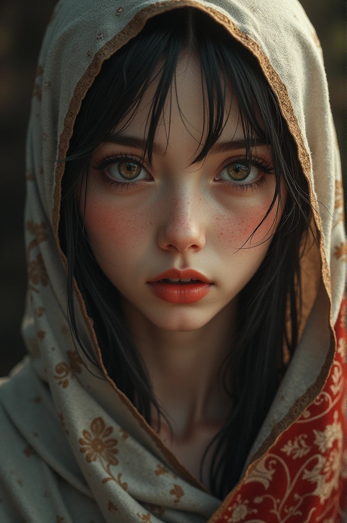 .masterpiece:1.2, best quality), Practical, (The true situation, Intricate details, Depth of Field), (1 girl, Solitary), cosmetic, Open your mouth, Very detailed, Perfect face, (Skin Indentation), Glossy coral lips, (A girl wearing a headscarf, Islamic clothing), blush, Raiden is depressed. (Thunder General) From genshin impact,High detail hands,
