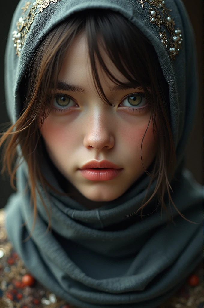 .masterpiece:1.2, best quality), Practical, (The true situation, Intricate details, Depth of Field), (1 girl, Solitary), cosmetic, Open your mouth, Very detailed, Perfect face, (Skin Indentation), Glossy coral lips, (A girl wearing a headscarf, Islamic clothing), blush, Raiden is depressed. (Thunder General) From genshin impact,High detail hands,
