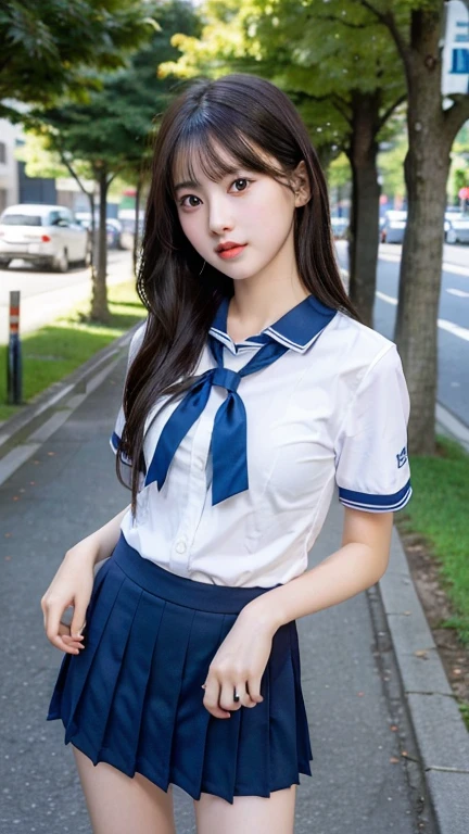 RAW Photos,（8k）、（Highest quality：1.2）、（Realistic）、（Realistic：1.37）、Ultra-high resolution、Selfie photo of a high school girl、（1 female、Half Korean and half Ukrainian、80% Korean、、walkway、RAW Photography、8k、top-quality、超A high resolution、beautiful faces detailed、Real human skin、Gentle expression、front-facing view、angle from bellow、length hair、realisitic、realisitic、cute little、a short skirt、Standing deep in the city、cute school girl、Japan  uniform、Japan wearing 、surreal high school girl、full bodyesbian、huge tit、