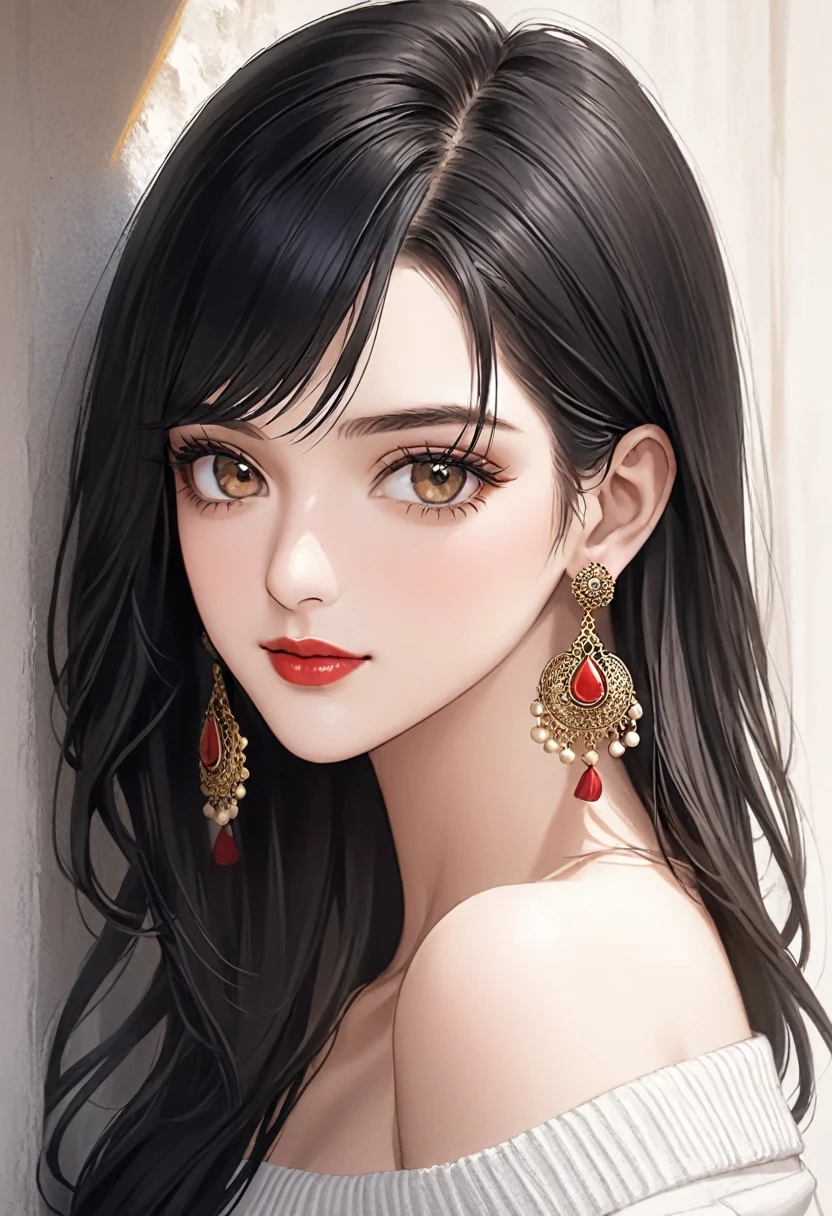 hires close up photo of a woman, Kriti Sanon, outdoors, realistic skin texture, smiling,   post-processing, Maximum texture, masterpiece, ultra-detailed, photorealistic, realistic, real picture, hyperrealism, Sharp focus, insane details, intricate details,  full sharp, detailed face, realistic eyes,simple white stucco background  ,big jhumka earrings, makeup,white skin,sharp jawline ,big earrings, oversized earrings,off shoulder sweater,red lipstick, makeup,black hair,
