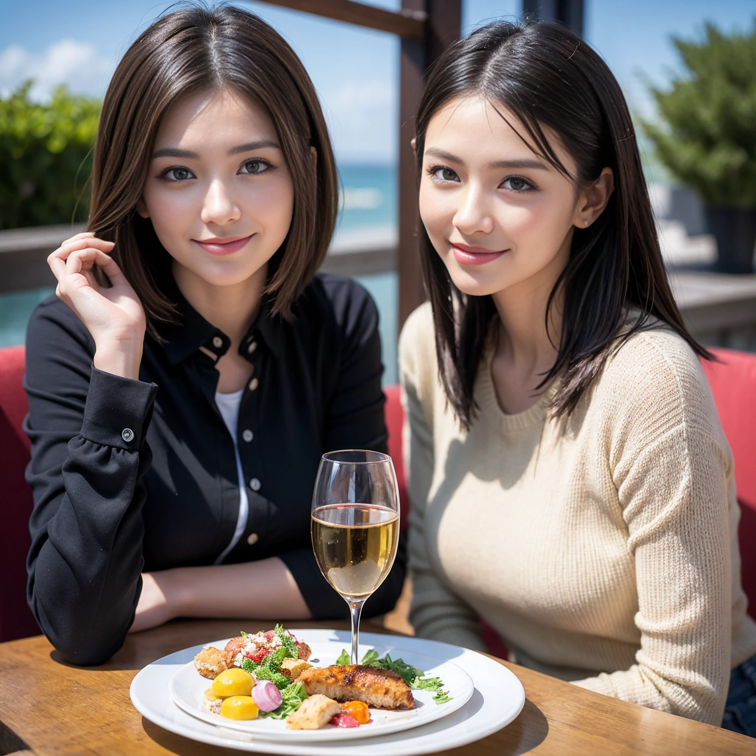 ((Highest quality、8k、masterpiece:1.3))、slimカップル、Pink rubber、modelカップル、(Realistic, Intricate details:1.2), full-course dinner、Wine Party、Amazing view of the sunset sky and clouds、A bright smile、The wonderfulness of smile、Bright image、The beauty of wine, Beautiful Face, blue eyes, The light shines on your face, blush, short hair,Bright Face、 (Age 37), 39 years old, red wine 、Appetizers、Italian food、Wine bottle、Champagne、sparkling wine、Two beauties、Brown Hair、Shortcuts、Long sleeve shirt、dress、Beautiful woman 1, (slimな顔), (The body is slim), (Brown Hair), (Shortcuts), cheeks turn a little red,Attractive beauty、restaurant, In a prominent place (From the waist up) Nova Frog Style, actress, model, Upper Body, White wine, slim, wine glass, 中央に置かれたwine glass, smile, (smile: 1.15), Beautiful fine grain, Depth f/2,saturation, High Contrast, Strong light and shadow,Moist Body:1.5、3D texture、Delicate eyes、Brown Hair、The hair is very shiny、