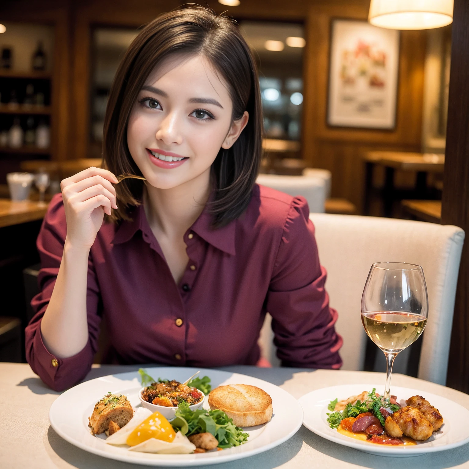 ((Highest quality、8k、masterpiece:1.3))、slimカップル、Pink rubber、modelカップル、(Realistic, Intricate details:1.2), full-course dinner、Wine Party、Amazing view of the sunset sky and clouds、A bright smile、The wonderfulness of smile、Bright image、The beauty of wine, Beautiful Face, blue eyes, The light shines on your face, blush, short hair,Bright Face、 (Age 37), 39 years old, red wine 、Appetizers、Italian food、Wine bottle、Champagne、sparkling wine、Two beauties、Brown Hair、Shortcuts、Long sleeve shirt、dress、Beautiful woman 1, (slimな顔), (The body is slim), (Brown Hair), (Shortcuts), cheeks turn a little red,Attractive beauty、restaurant, In a prominent place (From the waist up) Nova Frog Style, actress, model, Upper Body, White wine, slim, wine glass, 中央に置かれたwine glass, smile, (smile: 1.15), Beautiful fine grain, Depth f/2,saturation, High Contrast, Strong light and shadow,Moist Body:1.5、3D texture、Delicate eyes、Brown Hair、The hair is very shiny、