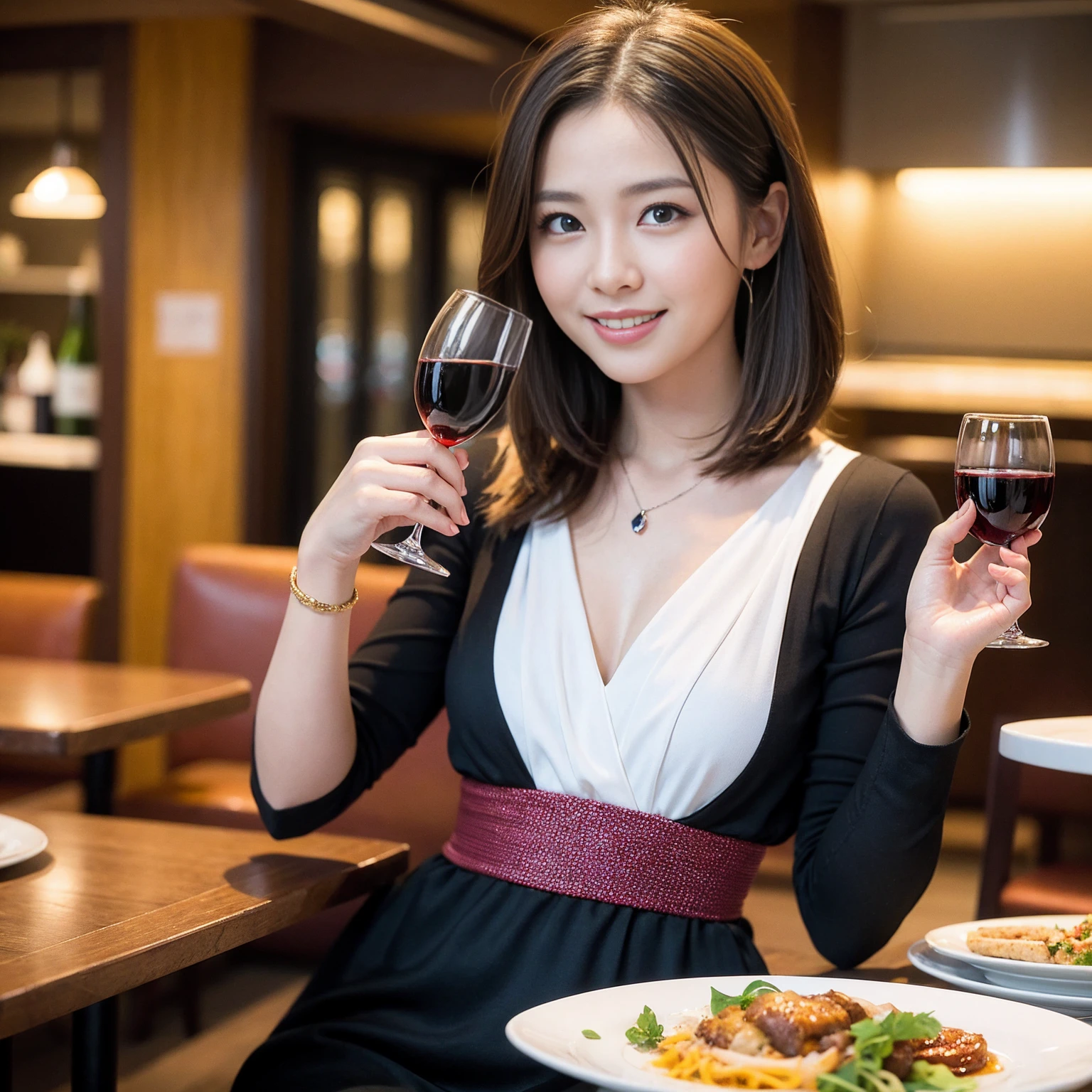 ((Highest quality、8k、masterpiece:1.3))、slimカップル、Pink rubber、modelカップル、(Realistic, Intricate details:1.2), full-course dinner、Wine Party、Amazing view of the sunset sky and clouds、A bright smile、The wonderfulness of smile、Bright image、The beauty of wine, Beautiful Face, blue eyes, The light shines on your face, blush, short hair,Bright Face、 (Age 37), 39 years old, red wine 、Appetizers、Italian food、Wine bottle、Champagne、sparkling wine、Two beauties、Brown Hair、Shortcuts、Long sleeve shirt、dress、Beautiful woman 1, (slimな顔), (The body is slim), (Brown Hair), (Shortcuts), cheeks turn a little red,Attractive beauty、restaurant, In a prominent place (From the waist up) Nova Frog Style, actress, model, Upper Body, White wine, slim, wine glass, 中央に置かれたwine glass, smile, (smile: 1.15), Beautiful fine grain, Depth f/2,saturation, High Contrast, Strong light and shadow,Moist Body:1.5、3D texture、Delicate eyes、Brown Hair、The hair is very shiny、