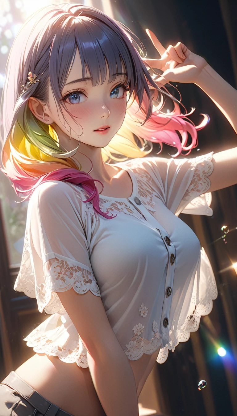 Masterpiece、最high quality、high quality、High definition、High resolution、High detail、Lens flare、Ray tracing method、high qualityの質感、high qualityの影、Beautiful details、Detailed and delicate、Detailed texture、Realistic facial expression、Realistic and colorful、Delicate、Cinematic Light、Side light、Sharp Focus、(1 woman:1.3)、(Intricate details、Makeup、Pure Eros Face_v1:0.5)、(Details Beautiful delicate face、Detailed beautiful delicate eyes、Perfect Facial Proportions、Detailed skin、Charm)、fancy hairstyles、Beautiful bangs、(Two-tone gradient hair color)、slender、(Upturned beautiful breasts)、Raise your arm and make a peace sign、Detailed crotch、Female juice、(Experiencing the best orgasm)、Light-colored V-cut、Light-colored thong、Thigh mini skirt、Low-rise mini skirt、Front-button short-sleeve shirt、Crop top、Low-angle composition
