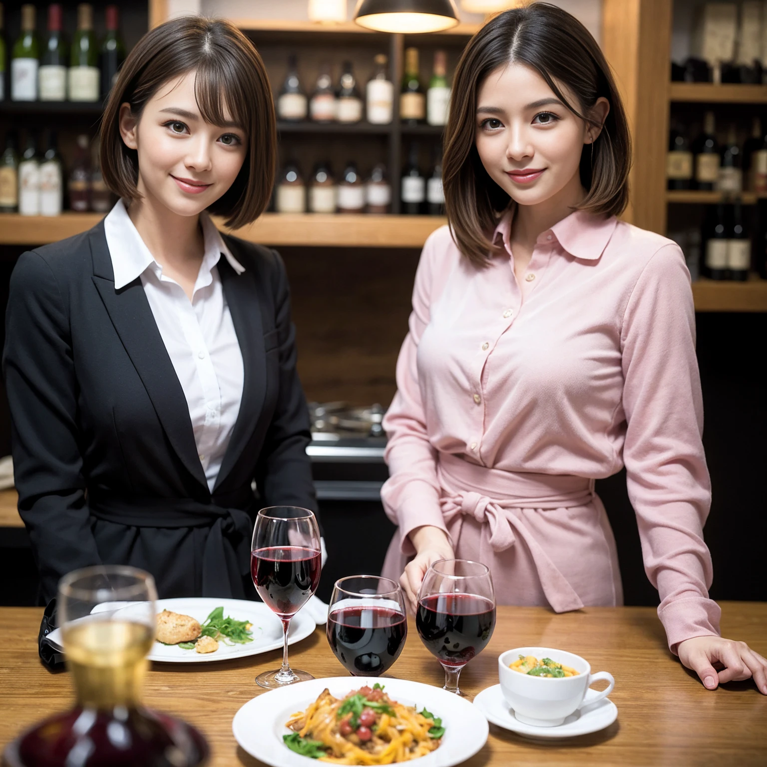 ((Highest quality、8k、masterpiece:1.3))、slimカップル、Pink rubber、modelカップル、(Realistic, Intricate details:1.2), full-course dinner、Wine Party、Amazing view of the sunset sky and clouds、A bright smile、The wonderfulness of smile、Bright image、The beauty of wine, Beautiful Face, blue eyes, The light shines on your face, blush, short hair,Bright Face、 (Age 37), 39 years old, red wine 、Appetizers、Italian food、Wine bottle、Champagne、sparkling wine、Two beauties、Brown Hair、Shortcuts、Long sleeve shirt、dress、Beautiful woman 1, (slimな顔), (The body is slim), (Brown Hair), (Shortcuts), cheeks turn a little red,Attractive beauty、restaurant, In a prominent place (From the waist up) Nova Frog Style, actress, model, Upper Body, White wine, slim, wine glass, 中央に置かれたwine glass, smile, (smile: 1.15), Beautiful fine grain, Depth f/2,saturation, High Contrast, Strong light and shadow,Moist Body:1.5、3D texture、Delicate eyes、Brown Hair、The hair is very shiny、