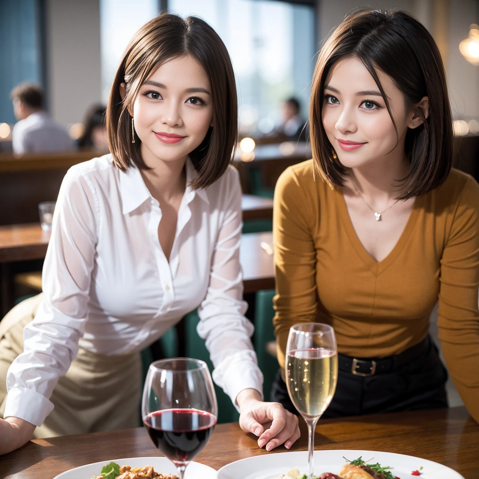 ((Highest quality、8k、masterpiece:1.3))、slimカップル、Pink rubber、modelカップル、(Realistic, Intricate details:1.2), full-course dinner、Wine Party、Amazing view of the sunset sky and clouds、A bright smile、The wonderfulness of smile、Bright image、The beauty of wine, Beautiful Face, blue eyes, The light shines on your face, blush, short hair,Bright Face、 (Age 37), 39 years old, red wine 、Appetizers、Italian food、Wine bottle、Champagne、sparkling wine、Two beauties、Brown Hair、Shortcuts、Long sleeve shirt、dress、Beautiful woman 1, (slimな顔), (The body is slim), (Brown Hair), (Shortcuts), cheeks turn a little red,Attractive beauty、restaurant, In a prominent place (From the waist up) Nova Frog Style, actress, model, Upper Body, White wine, slim, wine glass, 中央に置かれたwine glass, smile, (smile: 1.15), Beautiful fine grain, Depth f/2,saturation, High Contrast, Strong light and shadow,Moist Body:1.5、3D texture、Delicate eyes、Brown Hair、The hair is very shiny、