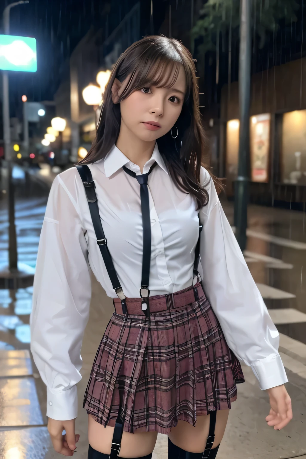 1 female, , high quality, masterpiece, Ultra-high resolution, Cinema Lighting, 1 female, , high quality, masterpiece, Ultra-high resolution, , Cinema Lighting, suspenders　　　Moderate breasts　 　 　　　　　 　　　　Small face　 　　　　　　　　　　　Looking up　　　　Sweat 　　　Thin belt　buzzer　脇Sweat 　　　　 　Garter belt　　Belt on pants　　holster　 　　Hands behind your back　 　Looking up　Anxious face　Knee-high　Knee socks　Knee-highソックス 　garter　ふとももにGarter belt　Checkered mini skirt　 　　Panty shot　Skirt gap Armament　　　holster　holster 　　Hands behind your back　 Anxious expression　　Anxious face, legs apart　Armament　　Leg holster　holster　See-through clothing　heavy rain　Rain-soaked dress shirt,