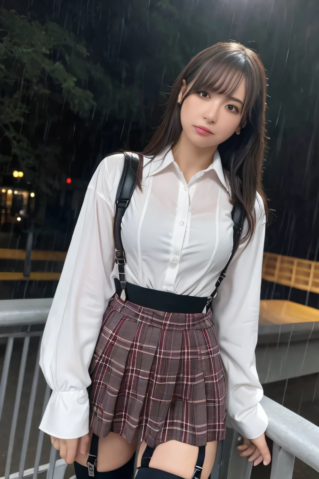 1 female, , high quality, masterpiece, Ultra-high resolution, Cinema Lighting, 1 female, , high quality, masterpiece, Ultra-high resolution, , Cinema Lighting, suspenders　　　Moderate breasts　 　 　　　　　 　　　　Small face　 　　　　　　　　　　　Looking up　　　　Sweat 　　　Thin belt　buzzer　脇Sweat 　　　　 　Garter belt　　Belt on pants　　holster　 　　Hands behind your back　 　Looking up　Anxious face　Knee-high　Knee socks　Knee-highソックス 　garter　ふとももにGarter belt　Checkered mini skirt　 　　Panty shot　Skirt gap Armament　　　holster　holster 　　Hands behind your back　 Anxious expression　　Anxious face, legs apart　Armament　　Leg holster　holster　See-through clothing　heavy rain　Rain-soaked dress shirt,