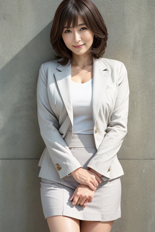 High resolution, High-level image quality, High definition, masterpiece, Rough skin, Anatomically correct, sharp,
Gray background,
((Japanese Mature, 90 years old)), One person, ((Facial wrinkles)), Shapely big breasts, Long, straight, light brown hair, Chubby body type, Mouth closed and serious face,
(((Standing upright and looking at the viewer))),
(Light pink summer blazer, A white shirt with a transparent collar and buttons, white summer skirt),
Beautiful shins, ((Cowboy Shot))