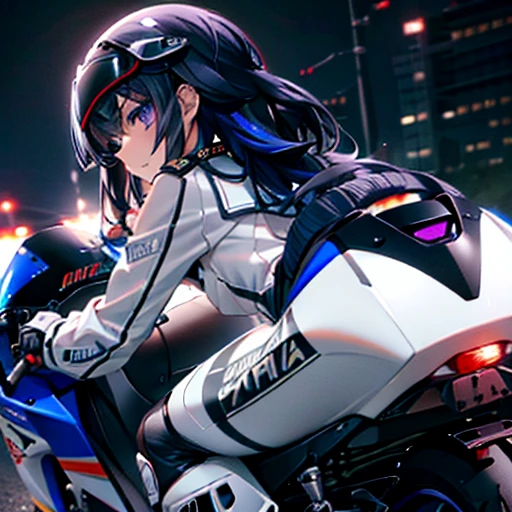 masterpiece,Highest quality,Ultra-fine illustrations, Very cute and beautiful girl , Very exquisite beautiful face and eyes, Just , Riding a racing bike,(One girl riding a bike, Aggressive ride, Spanning a racing bike, (Detailed Automotive, Yamaha YZF-R1), (Wearing white&Navy helmet Arai RX-7X))), Helmet visor closed,,, Motorcycle Boots, Black Hair, 青 streaked hair, Medium Hair, Purple eyes, Earrings, Mid-chest, Outdoor,(circuit,Straight road,night), Severe, anime, Rear view, Glance at the viewer、Sexy Costumes、Erotic costumes、Clothes with little fabric、Nearly naked