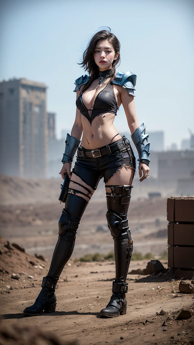 "Depict Rumble from League of Legends by Riot Games, reimagined as a female, in her Badlands Baron skin, no having clothes,adorned in her rugged, post-apocalyptic outfit with scavenged armor and a makeshift mech, having massive k-cups:1.55. She's in a desolate wasteland with ruined structures and dust storms, in an attractive pose with her mech towering behind her."

