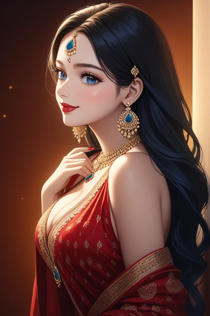 beautiful young woman, jhumka earrings, diamond necklace, long necklaces, makeup, big earrings, red lipstick, kurti, pajama, dupatta, long hair, blue eyes, cleavage, (best quality,4k,8k,highres,masterpiece:1.2),ultra-detailed,(realistic,photorealistic,photo-realistic:1.37),highly detailed portrait, intricate details, exquisite skin texture, dramatic lighting, cinematic composition, vivid colors, warm color palette, bracelet, nail polish,long nails,backless, smiling,full body view