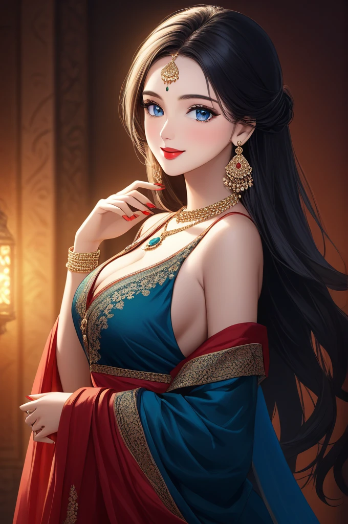 beautiful young woman, jhumka earrings, diamond necklace, long necklaces, makeup, big earrings, red lipstick, kurti, pajama, dupatta, long hair, blue eyes, cleavage, (best quality,4k,8k,highres,masterpiece:1.2),ultra-detailed,(realistic,photorealistic,photo-realistic:1.37),highly detailed portrait, intricate details, exquisite skin texture, dramatic lighting, cinematic composition, vivid colors, warm color palette, bracelet, nail polish,long nails,backless, smiling,full body view