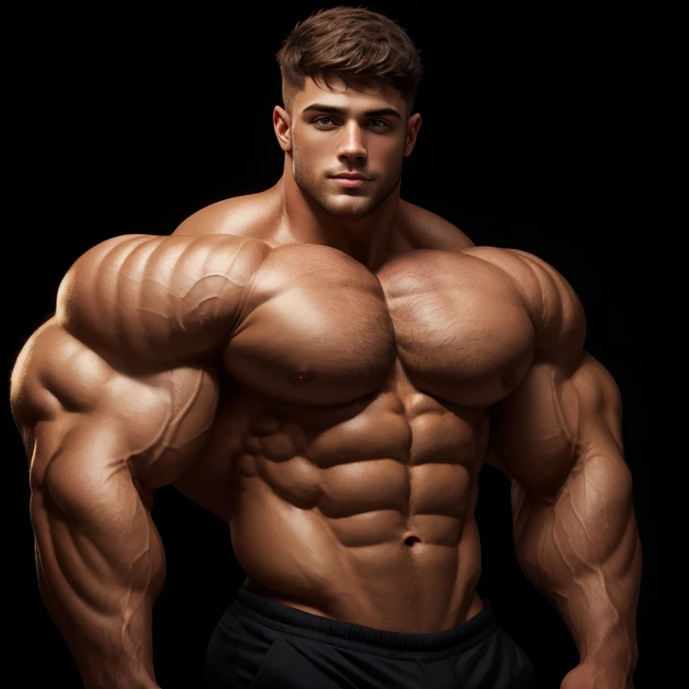 a very handsome young man, short hair, shirtless, massively muscular, with massively large muscles, on a black background