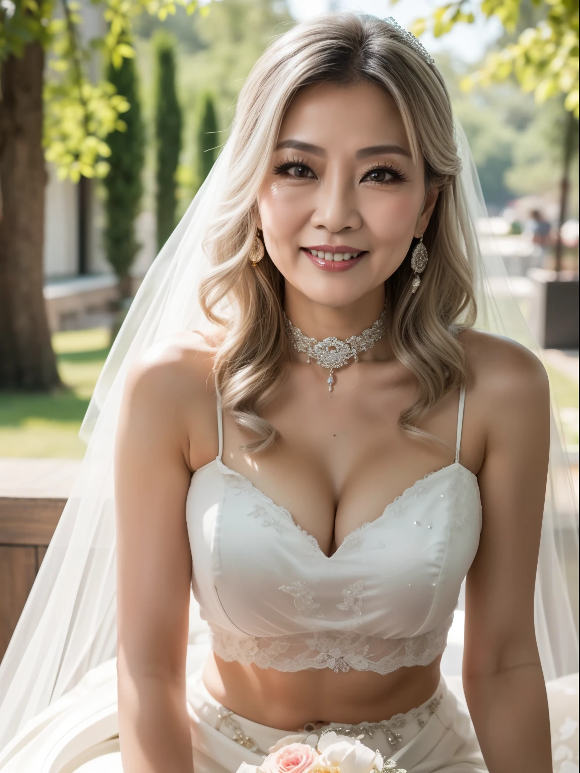 75 years old Mom MILF Chinese Lady large earring Big choker navel piercing decoration A bracelet Silver Hair realisitic Gorgeous Madame Beautiful Mature Woman sexy Smile Gentle woman navel piercing 4K High quality ウエディングドレス