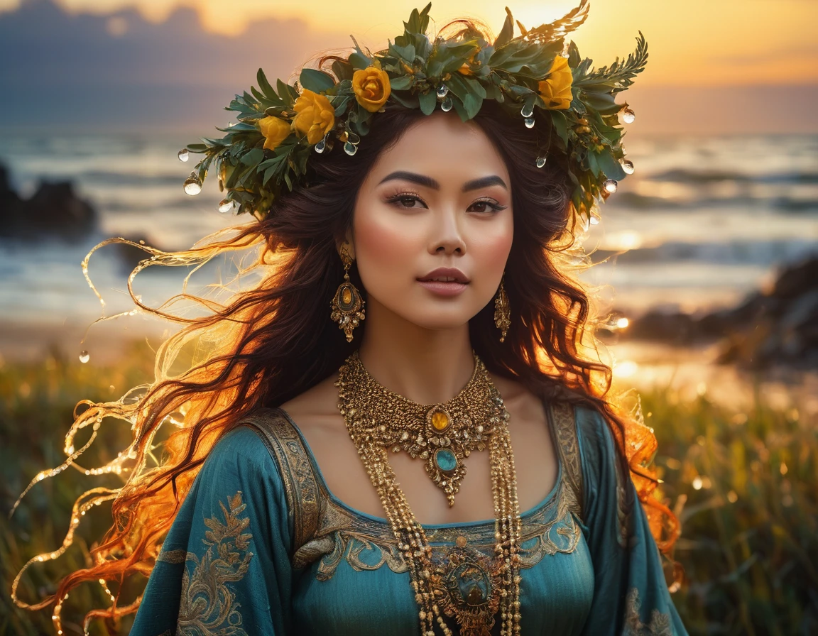 Image of a full-length woman in clothes from the Middle Ages, A woman with a wreath on her head and a beautiful necklace, estilo fantasia, arte da fantasia, donzela da fantasia bonita, ultra realismo, arte da fantasia, wlop intrincado, arte digital bonita, arte da fantasia bonita, donzela bonita, romantismo, ross tran 8 k, retrato muito bonito, imagem de bonito e de corpo inteiro Her coordinated movements ripple the water, spraying droplets in all directions. The vibrant sun begins to set, casting feathered clouds overhead and bathing her in warm golden light.