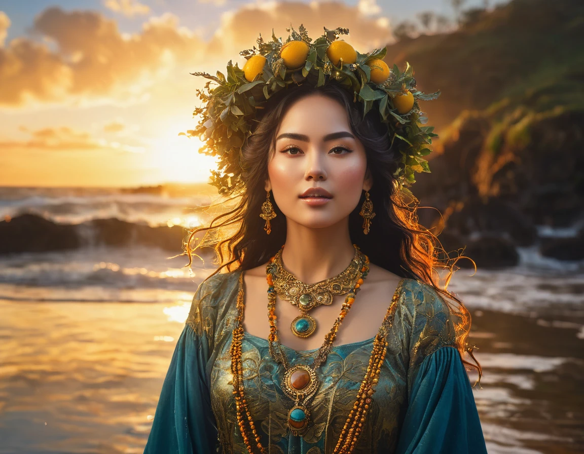 Image of a full-length woman in clothes from the Middle Ages, A woman with a wreath on her head and a beautiful necklace, estilo fantasia, arte da fantasia, donzela da fantasia bonita, ultra realismo, arte da fantasia, wlop intrincado, arte digital bonita, arte da fantasia bonita, donzela bonita, romantismo, ross tran 8 k, retrato muito bonito, imagem de bonito e de corpo inteiro Her coordinated movements ripple the water, spraying droplets in all directions. The vibrant sun begins to set, casting feathered clouds overhead and bathing her in warm golden light.