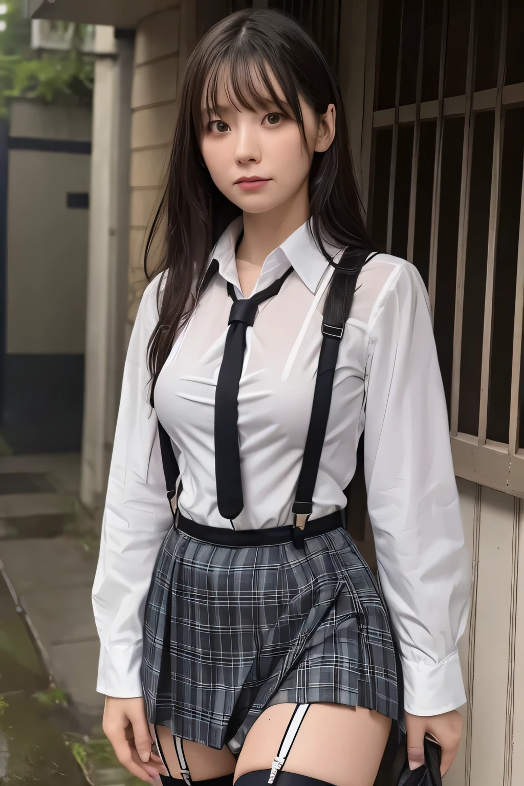 1 female, , high quality, masterpiece, Ultra-high resolution, Cinema Lighting, 1 female, , high quality, masterpiece, Ultra-high resolution, , Cinema Lighting, suspenders Moderate breasts Small face Looking up Sweat Thin belt buzzer 脇Sweat Garter belt Belt on pants holster Hands behind your back Looking up Anxious face Knee-high Knee socks Knee-highソックス garter ふとももにGarter belt Checkered mini skirt Panty shot Skirt gap Armament holster holster Hands behind your back Anxious expression Anxious face, legs apart Armament Leg holster holster See-through clothing heavy rain Rain-soaked dress shirt,