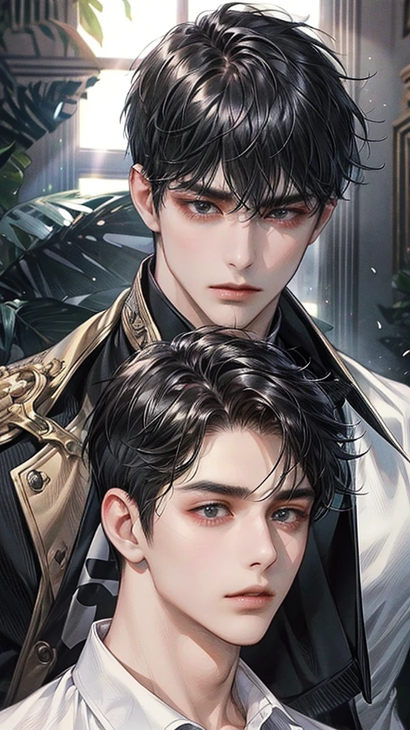 masterpiece,best quality,Extremely detailed,Upper Body,male,male face,28 years old,Black Hair,Very short hair,black eyes,Hair between the eyes, Cross Bangs,shirt,Sharp eyes