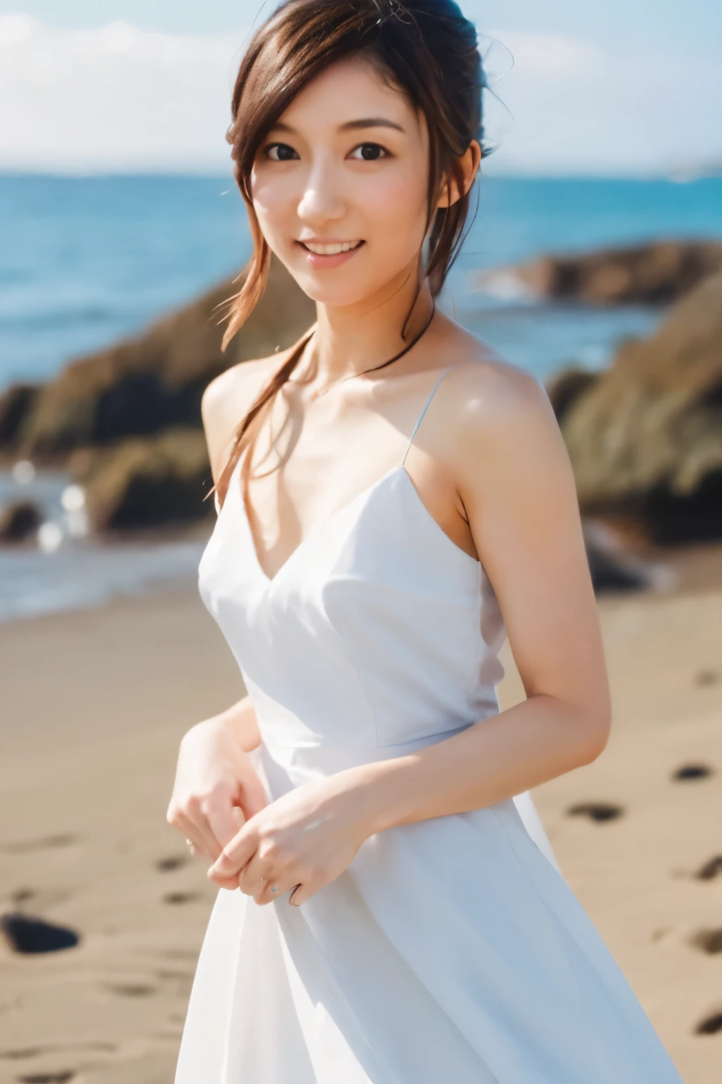 8k, highest quality, masterpiece, super high resolution, (realistic:1.4), RAW Photos, (Film Grain:1.3), One Girl, portrait of a skinny Japanese woman, 30 years old, standing on the beach, a cute face, detailed face, detailed eyes, {short|long} hair, correct body anatomy, wearing a wedding dress, photogravure