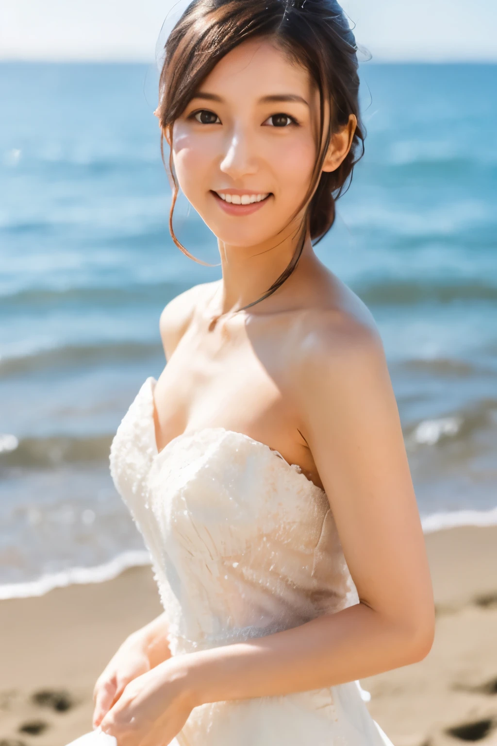 8k, highest quality, masterpiece, super high resolution, (realistic:1.4), RAW Photos, (Film Grain:1.3), One Girl, portrait of a skinny Japanese woman, 30 years old, standing on the beach, a cute face, detailed face, detailed eyes, {short|long} hair, correct body anatomy, wearing a wedding dress, photogravure