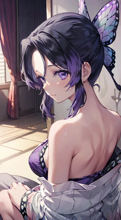 masterpiece,best quality,1girl,minamoto no raikou \(fate\),naughty smile,huge breasts,purple hair,long hair,black wedding dress,bridal veil,off-shoulder,heavy lace,with pearl embellishments,back view,with her back to the viewer,<lora:CHAR-FGO-Raikou_Hard:0.5>,<lora:weddingdressex0.3:0.9>,