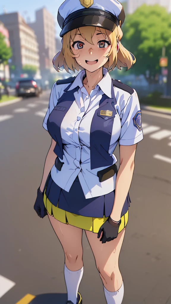 (masterpiece:1.2, Highest quality), (Realistic, photoRealistic:1.4),Beautiful illustrations,(Natural Side Lighting, Cinema Lighting),1 female,Japanese,Mature Woman,Ahegao,Female police officer on patrol,28 years old,Perfect Face, Symmetrical face, Glowing Skin,Blonde Hair,Big eyes,Sexy Eyes,(smile),(whole body),break((Police Officer Shirt)),((Tight mini skirt))(Police hat),(The background is a street corner:1.5),(((Background Blur:1.5))),((Police uniform)),(((Standing posture)))