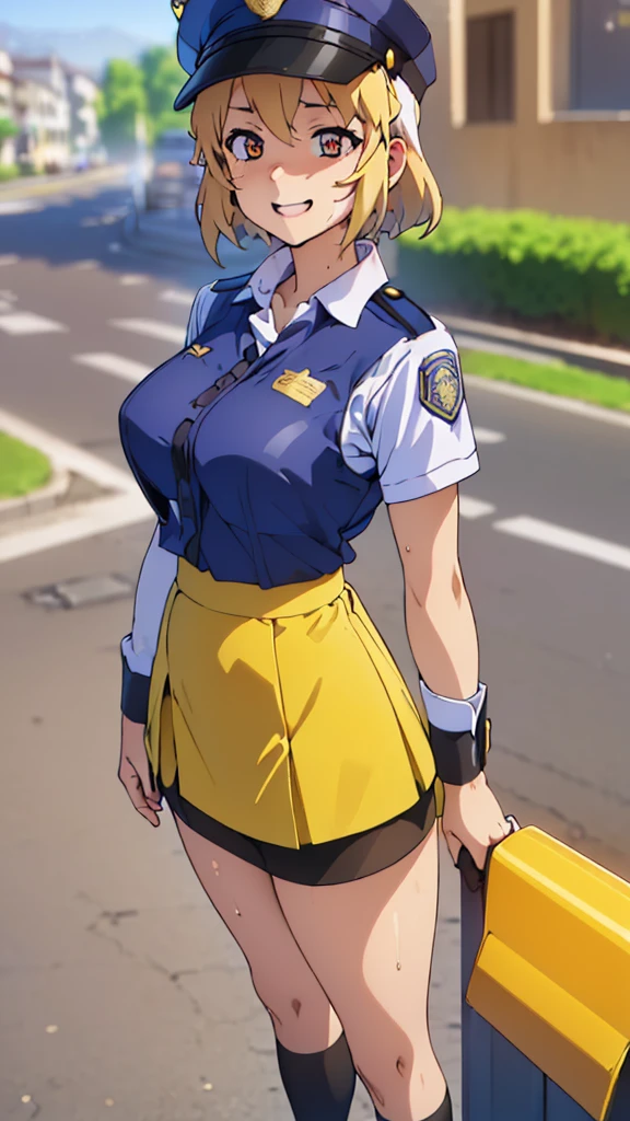 (masterpiece:1.2, Highest quality), (Realistic, photoRealistic:1.4),Beautiful illustrations,(Natural Side Lighting, Cinema Lighting),1 female,Japanese,Mature Woman,Ahegao,Female police officer on patrol,28 years old,Perfect Face, Symmetrical face, Glowing Skin,Blonde Hair,Big eyes,Sexy Eyes,(smile),(whole body),break((Police Officer Shirt)),((Tight mini skirt))(Police hat),(The background is a street corner:1.5),(((Background Blur:1.5))),((Police uniform)),(((Standing posture)))