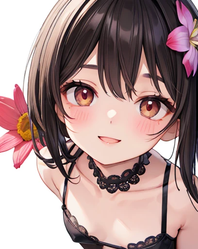 Highest quality、masterpiece、Ultra-detailed、Ultra-high resolution、1 Female、solo、Age 25、(Soft bust:1.2)、Natural Big、(small black lace bikini 1.4)、(Close one eye)、(White highlight in pupil:1.2)、Dark reddish brown eyes、(Black-haired)、(Look at the viewers:1.2)、White skin、Textured skin、(smile)、blush、(Make the background blur large to make the woman stand out:1.3)、(beautiful flower)