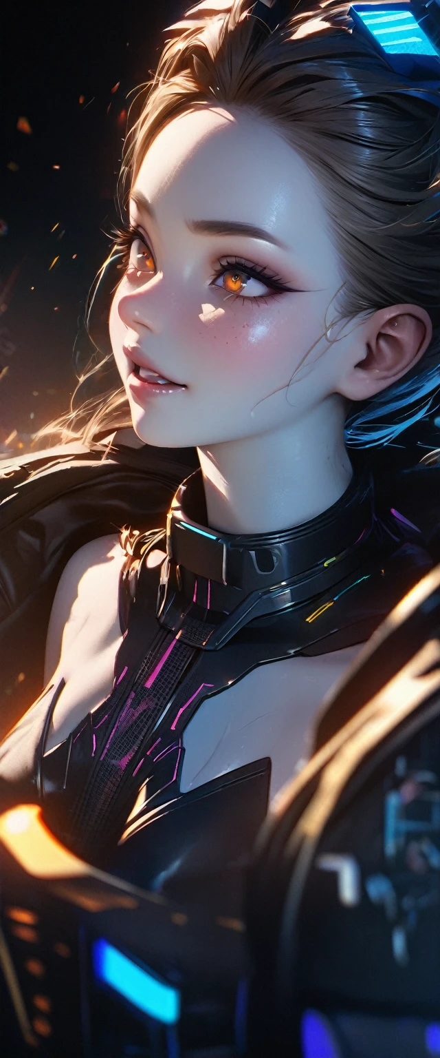 (high quality, 8k, 4K, High Contrast, masterpiece:1.2, 最high quality, Best aesthetics), 1 female, (Realistic skin texture:1.3),Optimal,masterpiece,High resolution,最high quality,Hyper HD,Super Detail,Awards,16K,solo,((Upper body)),((Broke Tomical Correct,Beautiful Cyberpunk Girl,Cute Face,,Gradient Beige Hair,Hairline,((Dark golden eyes)),Long eyelashes,Drooping eye corners,Fair skin,(Small breasts),(slim),((Women's Extra Short Shawl Leather Jacket)),((goth style,racer_Bitch Suit)),(()),Earrings,(Neck strap),(Laser material clothing:1.2), rtrophto1,