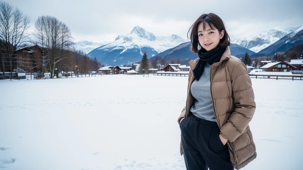 (photoreal:1.4)、top quality, 1 beautiful woman, 28 yearS old, S, 100mm lenS、light blue knit、(Dark brown medium Shorthair)、JapaneSe woman with bob、(dark brown hair)、VerSatile poSeS、looking at the camera、natural color lip、Winter clotheS、In snowy Switzerland, middle metaverse, with short hair, 3~Female model in her 40s, 4 thousand ], 4K], 37 year old Korean woman, Inspired by movie star Kim Ji-won, View of the snowy landscape of Jungfrau, Switzerland. padded jacket, casual pants. thick muffler、gray muffler, Photo showing the waist area, slightly smiling expression, Slight wrinkles are visible on the face of a woman in her 50s.. casual pants를 입고, Show your waist. Standing on white snow, Woman in her 50s, 1 woman alone, Visible up to the waist, short medium bob hair, Elegant and modest appearance, Standing on white snow