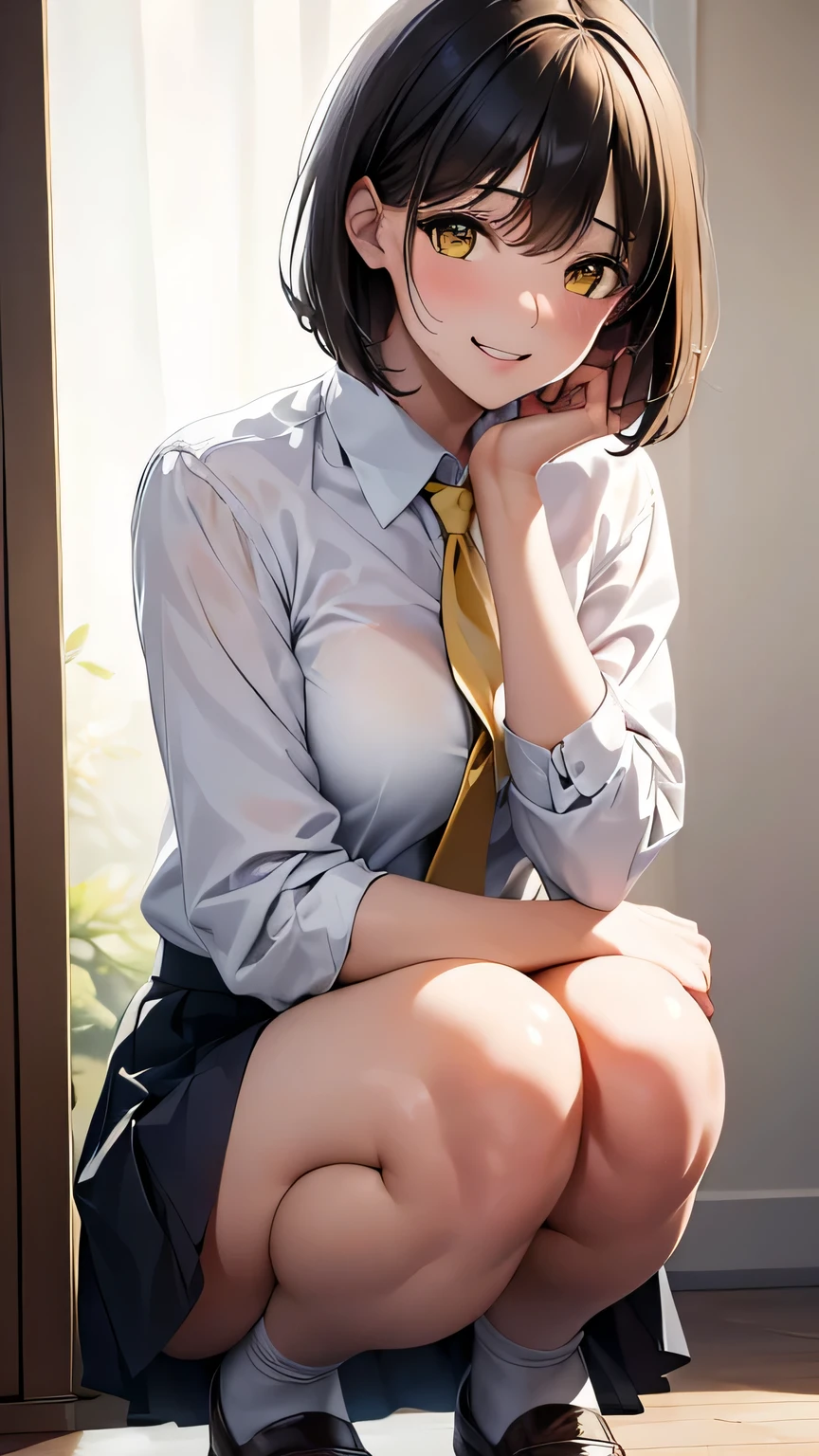Highest quality, Soft Light, Ultra-high resolution,People Girls, alone, sexy, (A shy smile), (Yellow Eyes), Beautiful face in every detail,(High resolution detail of human skin texture), (Medium Bob),tie,Dress shirt,Short pleated skirt,panties,(Sweat:1.2),(masterpiece:1.3),(Realistic:1.2),(Open your mouth:1.1),squat