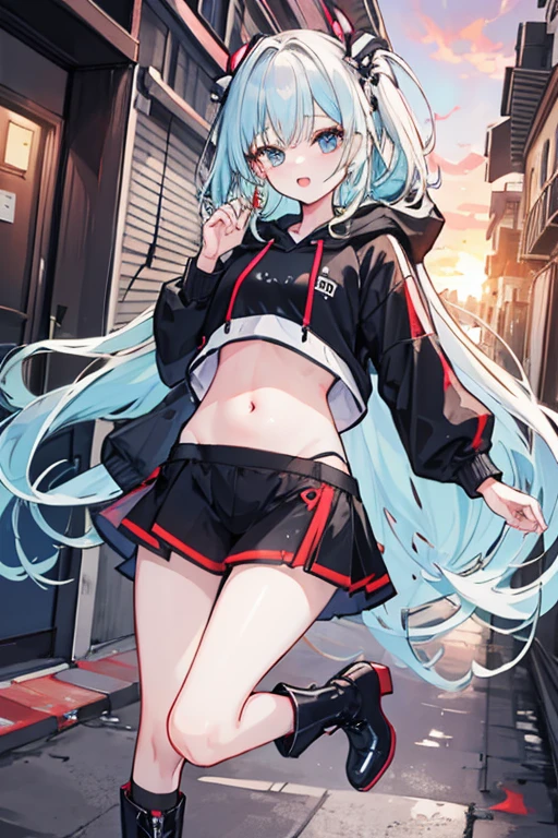 ((Highest quality)), ((masterpiece)), (detailed), Perfect Face、
Long light blue hair with blonde gradation at the ends、
Belly out、Black hoodie、Heeled Boots、turn around、
sunset、alley、