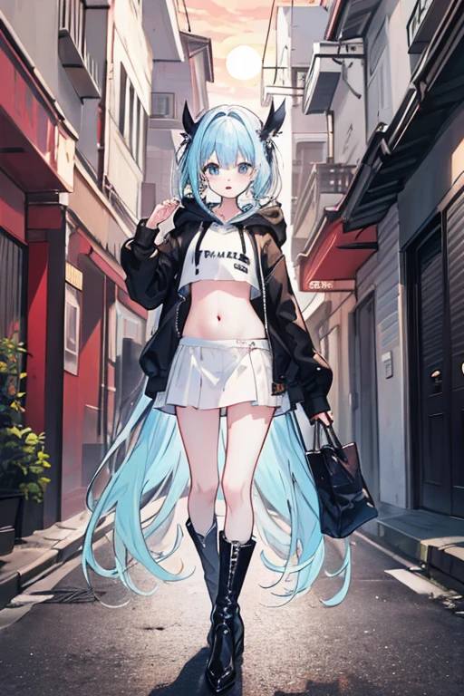 ((Highest quality)), ((masterpiece)), (detailed), Perfect Face、
Long light blue hair with blonde gradation at the ends、
Belly out、Black hoodie、Heeled Boots、turn around、
sunset、alley、