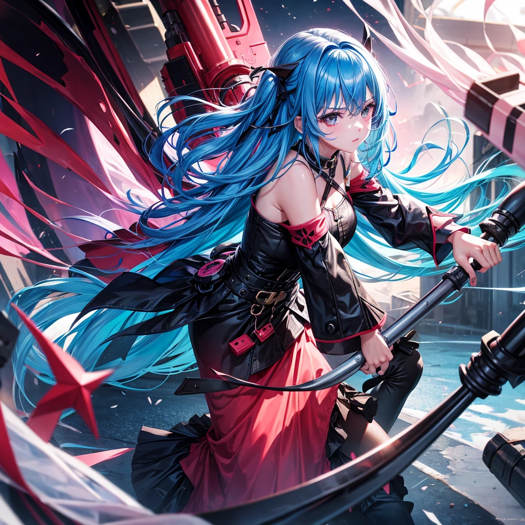 Fortnight girl,blue hair, black eyes,red hrons, black and pink dress