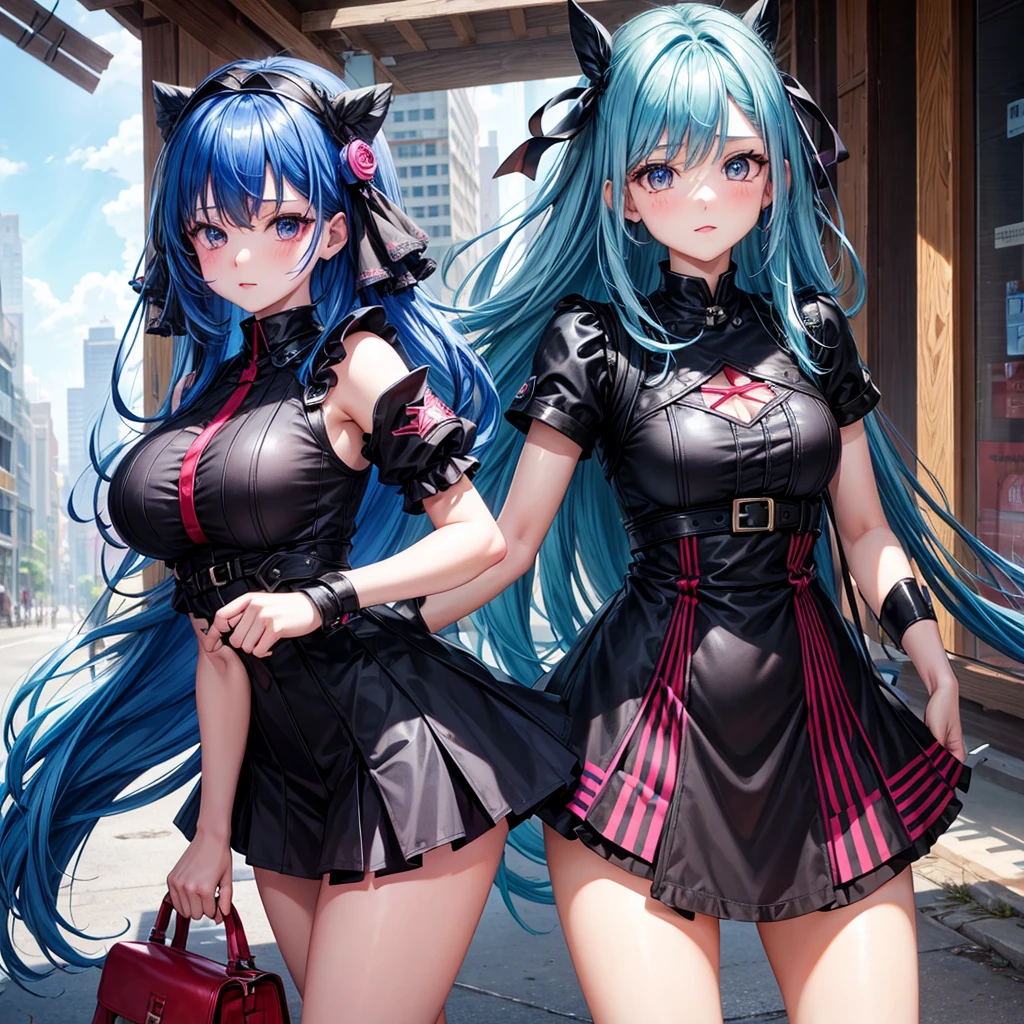harems,Multiple girls are depicted,,Excellent style,Colossal tits,,blue eyess,girl with,multicolored hair,top-quality,masterpiece,A smile,Beautiful girls,超A high resolution,girl,I'm pulling down my bangs,a beauty girl