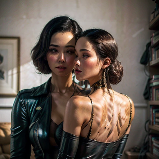 a passionate intimate moment between two beautiful women, 1girl, 1girl, blonde woman, brunette woman, black leather jacket, burgundy pleated leather skirt, leather gloves, leather pants, holding from behind, kissing, sensual, erotic, romantic, intimate, (best quality,4k,8k,highres,masterpiece:1.2),ultra-detailed,(realistic,photorealistic,photo-realistic:1.37),vivid colors,dramatic lighting