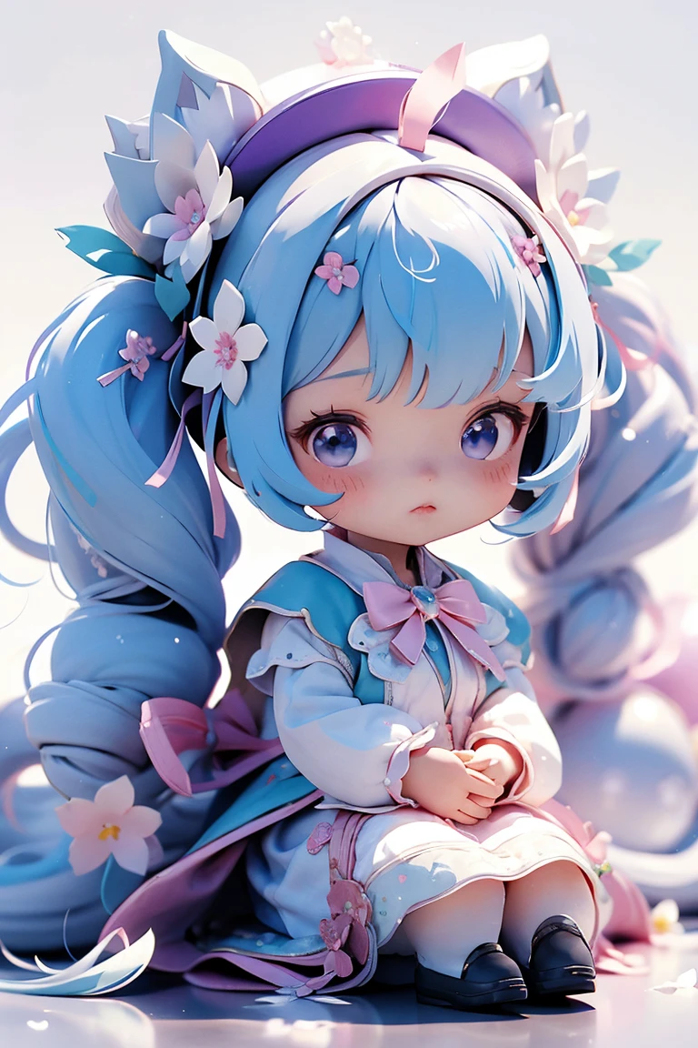 One girl,Havesune miku,Long Hair,alone,Twin tails,Little,Have,White Background,flower,hair flower,hair ornaments,Purple Hair,White mesh,Gradation,Sitting,Simple Background,Black Dress,View your viewers,White dress,very Long Hair,blue eyes,,bangs,plant,Little,Blind Box,Rendering 3D Models