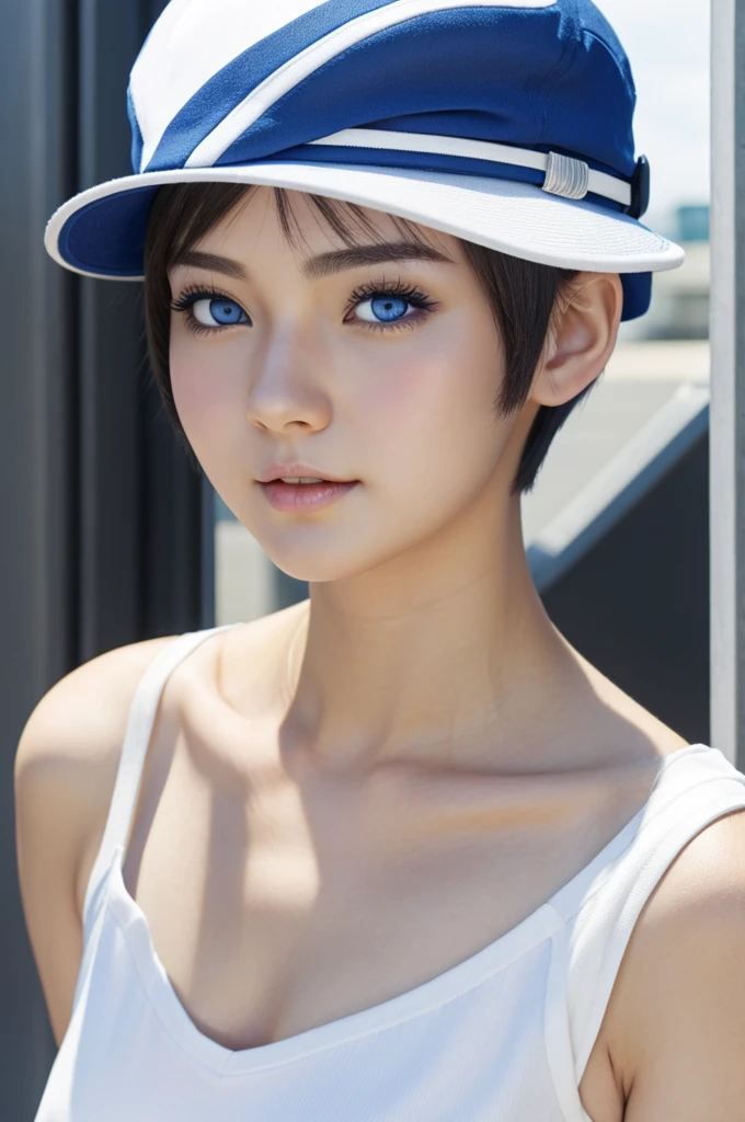 Blue eyes short hair white skin anime girl with cap