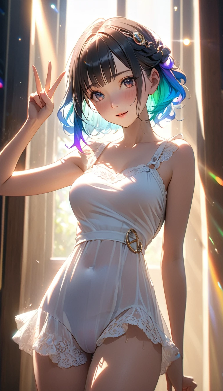Masterpiece、最high quality、high quality、High definition、High resolution、High detail、Lens flare、Ray tracing method、high qualityの質感、high qualityの影、Beautiful details、Detailed and delicate、Detailed texture、Realistic facial expression、Realistic and colorful、Delicate、Cinematic Light、Side light、Sharp Focus、(1 woman:1.3)、(Intricate details、Makeup、Pure Eros Face_v1:0.5)、(Details Beautiful delicate face、Detailed beautiful delicate eyes、Perfect Facial Proportions、Detailed skin、Charm)、fancy hairstyles、Beautiful bangs、(Two-tone gradient hair color)、slender、(Upturned beautiful breasts)、Raise your arm and make a peace sign、Detailed crotch、Female juice、(Experiencing the best orgasm)、Light-colored V-cut、Light-colored thong、Thigh mini skirt、Low-rise mini skirt、Front-button short-sleeve shirt、Crop top、The wind blows and sways、 roll up、Low-angle composition