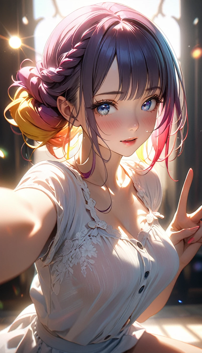 Masterpiece、最high quality、high quality、High definition、High resolution、High detail、Lens flare、Ray tracing method、high qualityの質感、high qualityの影、Beautiful details、Detailed and delicate、Detailed texture、Realistic facial expression、Realistic and colorful、Delicate、Cinematic Light、Side light、Sharp Focus、(1 woman:1.3)、(Intricate details、Makeup、Pure Eros Face_v1:0.5)、(Details Beautiful delicate face、Detailed beautiful delicate eyes、Perfect Facial Proportions、Detailed skin、Charm)、fancy hairstyles、Beautiful bangs、(Two-tone gradient hair color)、slender、(Upturned beautiful breasts)、Raise your arm and make a peace sign、Detailed crotch、Female juice、(Experiencing the best orgasm、I'm coming)、Light-colored mini bra、String Bra、Light-colored V-cut、Light-colored thong、Thigh mini skirt、Low-rise mini skirt、Front-button shirt、Crop top、Low-angle composition