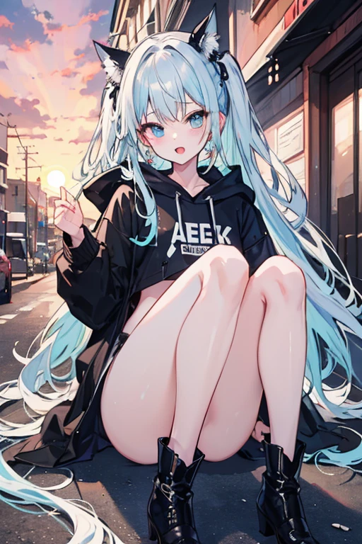 ((Highest quality)), ((masterpiece)), (detailed), Perfect Face、
Long light blue hair with blonde gradation at the ends、
Belly out、Black hoodie、Heeled Boots、turn around、
Peeing Sunset、alley、