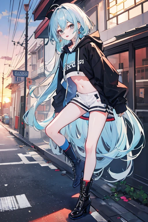 1 girl, long blue hair covering right eye, blue eyes, big chest, thick thighs, wearing black top, black sweatpants, city, absurdres, high res, ultrasharp, 8k, masterpiece, looking at viewer