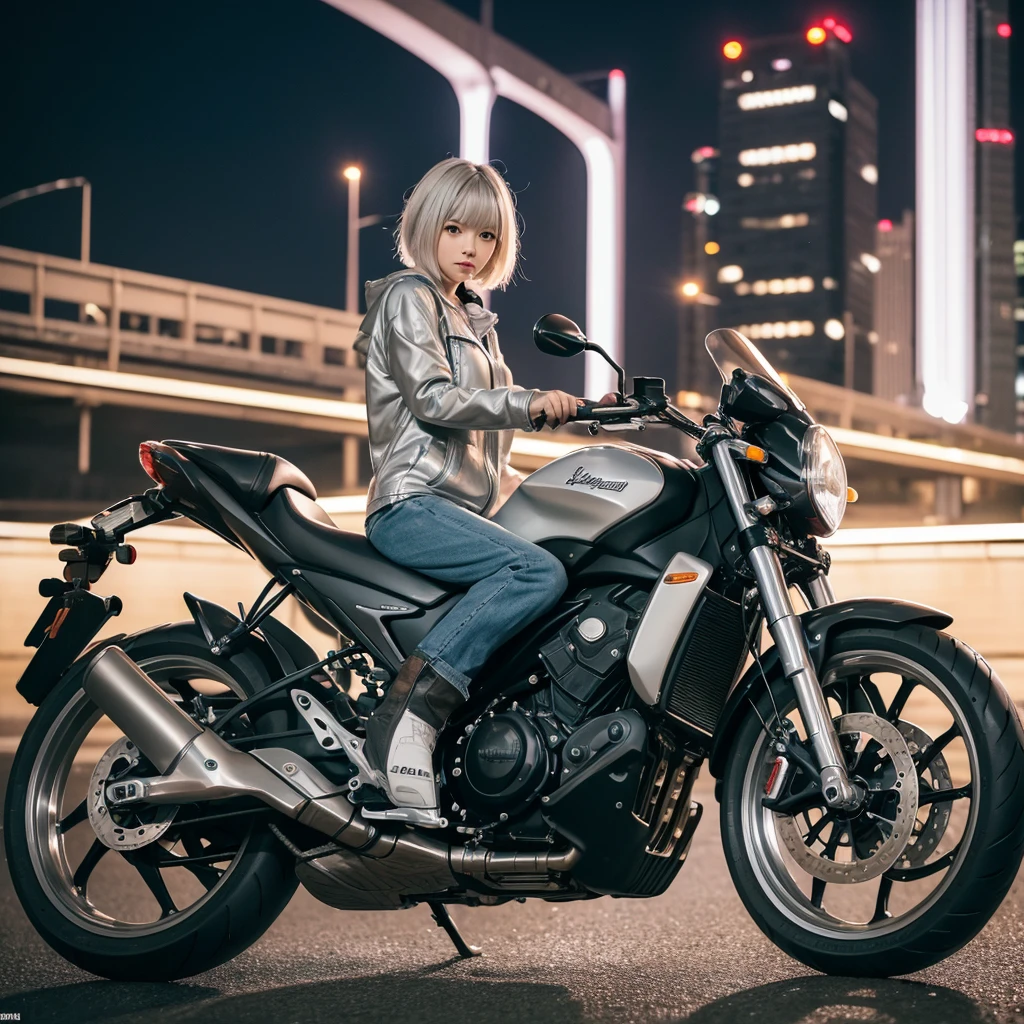 (8k, Photorealistic, Raw photo, Highest quality: 1.4),Japanese idol-style beautiful girl,1 person,18-year-old,(Short Bob),(Silver Hair),Blowing in the wind,Clear grey eyes,Long eyelashes,(piercings(small)),Rider Suit,boots,(The future of large motorcycles(Akira Bike)Riding),No helmet,Driving on the Metropolitan Expressway at night,View from diagonally behind,(Full body snapshot)